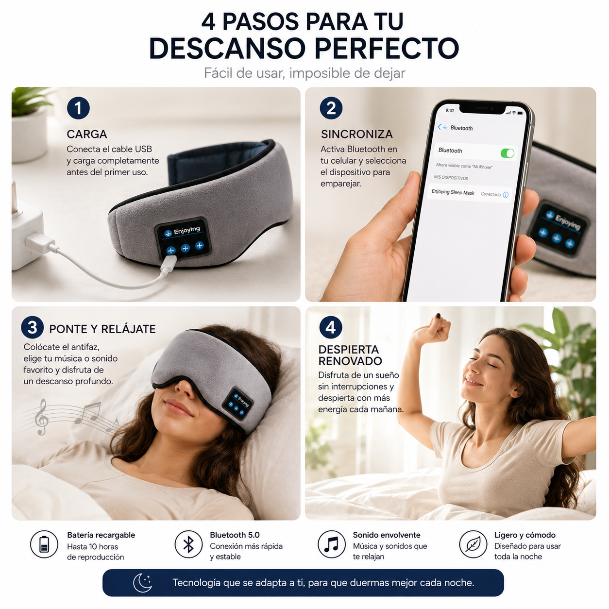Antifaz Bluetooth Premium - Bloquea la luz y pon tu mente a descansar.