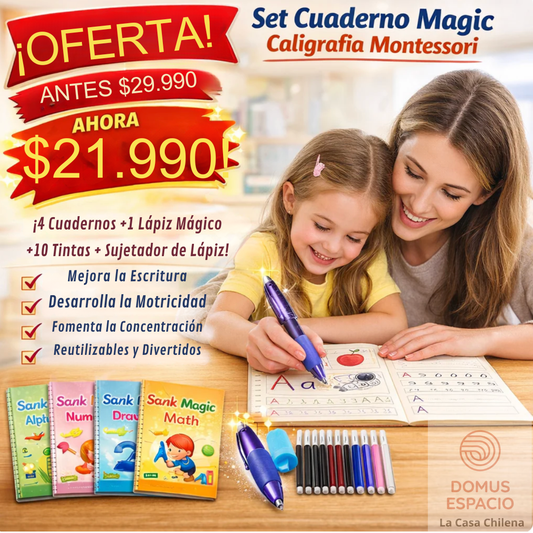Set de 4 cuadernos mágicos caligrafía montessori + 1 lápiz mágico + 10 recargas + sujetador de lápiz.