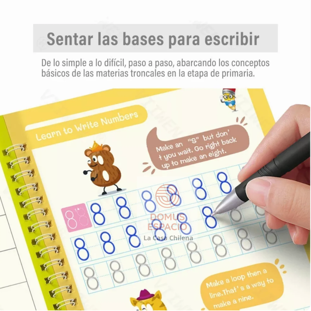 Set de 4 cuadernos mágicos caligrafía montessori + 1 lápiz mágico + 10 recargas + sujetador de lápiz.