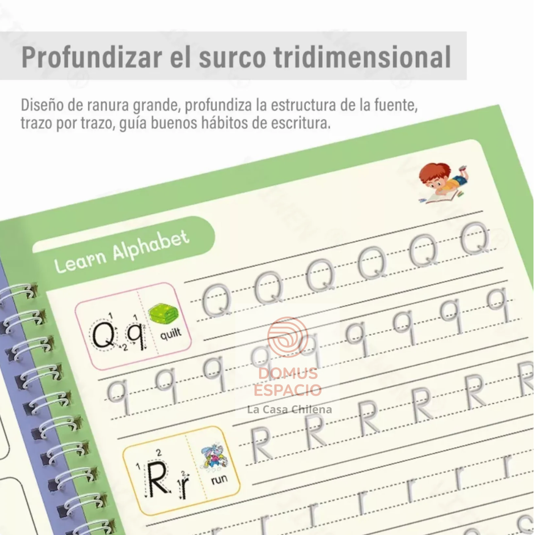 Set de 4 cuadernos mágicos caligrafía montessori + 1 lápiz mágico + 10 recargas + sujetador de lápiz.
