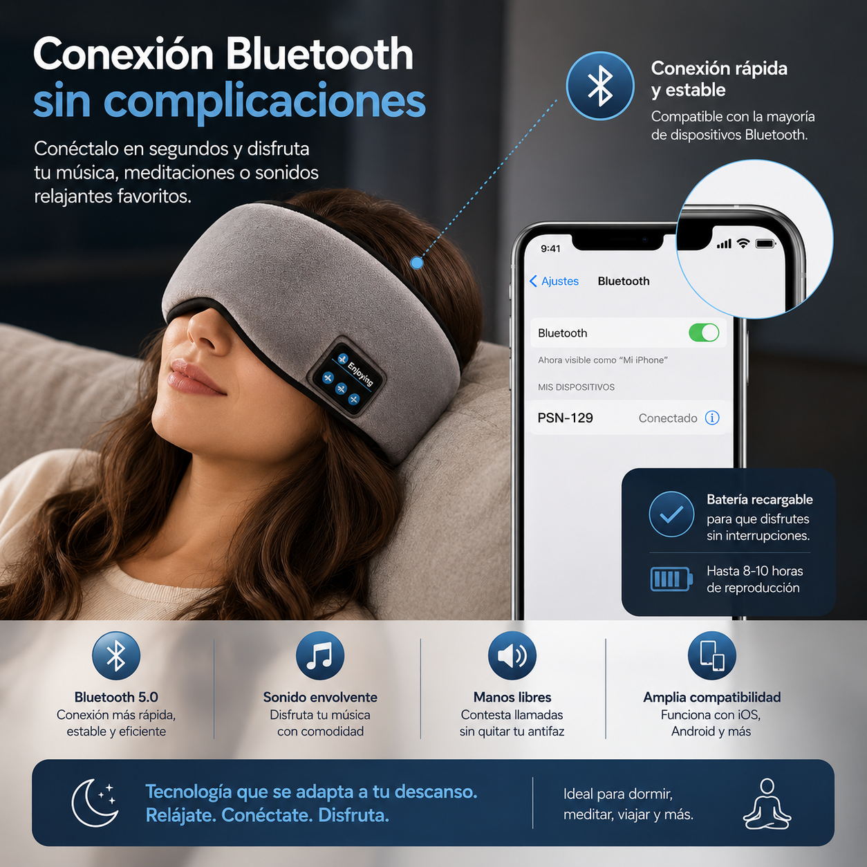 Antifaz Bluetooth Premium - Bloquea la luz y pon tu mente a descansar.