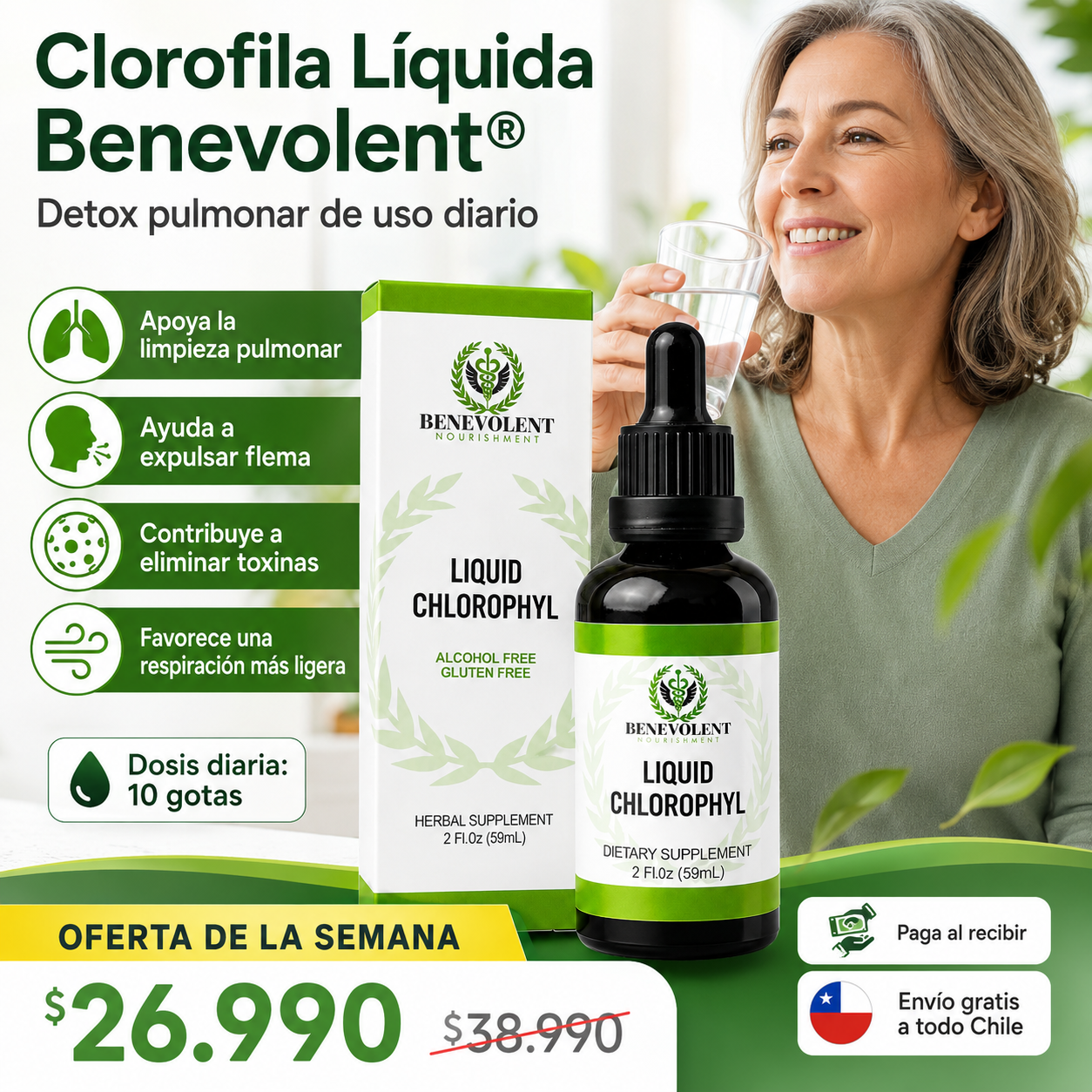 Clorofila Líquida Benevolent® - Detox Pulmonar para Eliminar Toxinas, Flema y Alquitrán.