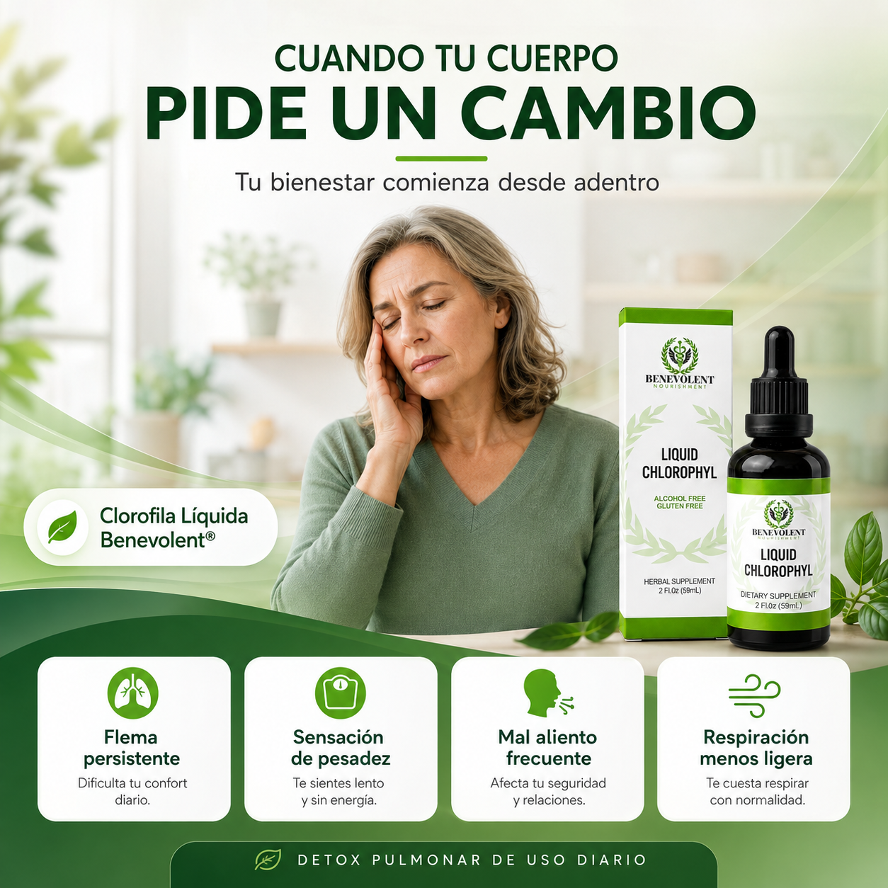 Clorofila Líquida Benevolent® - Detox Pulmonar para Eliminar Toxinas, Flema y Alquitrán.