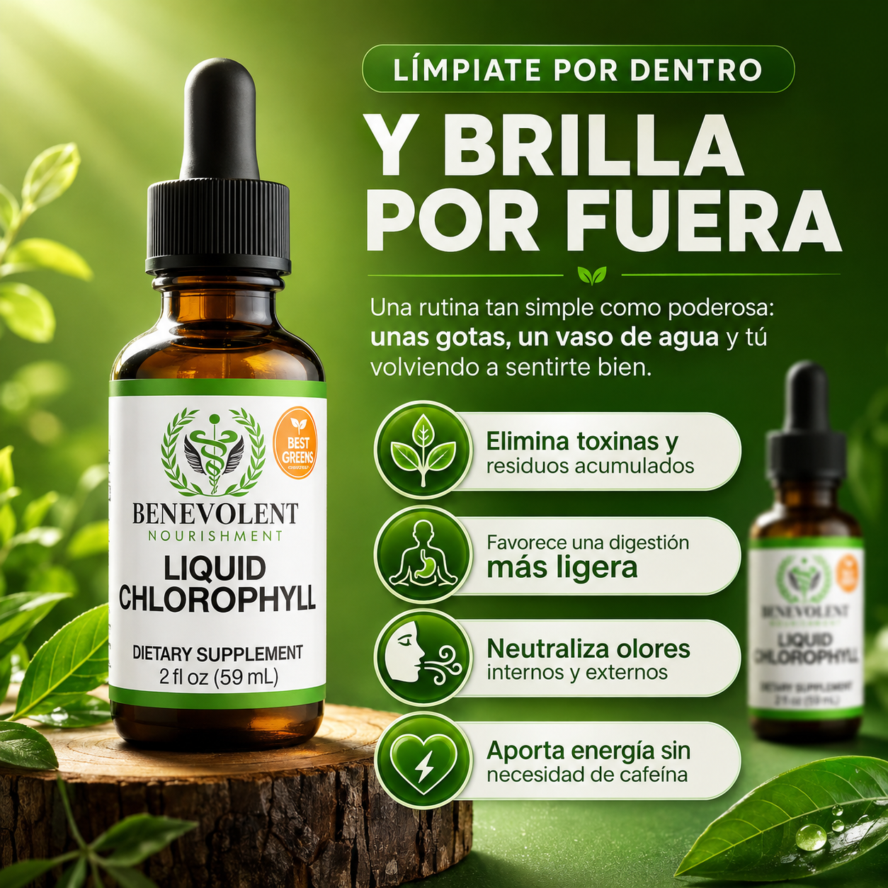 Clorofila Líquida Benevolent® - Detox Pulmonar para Eliminar Toxinas, Flema y Alquitrán.