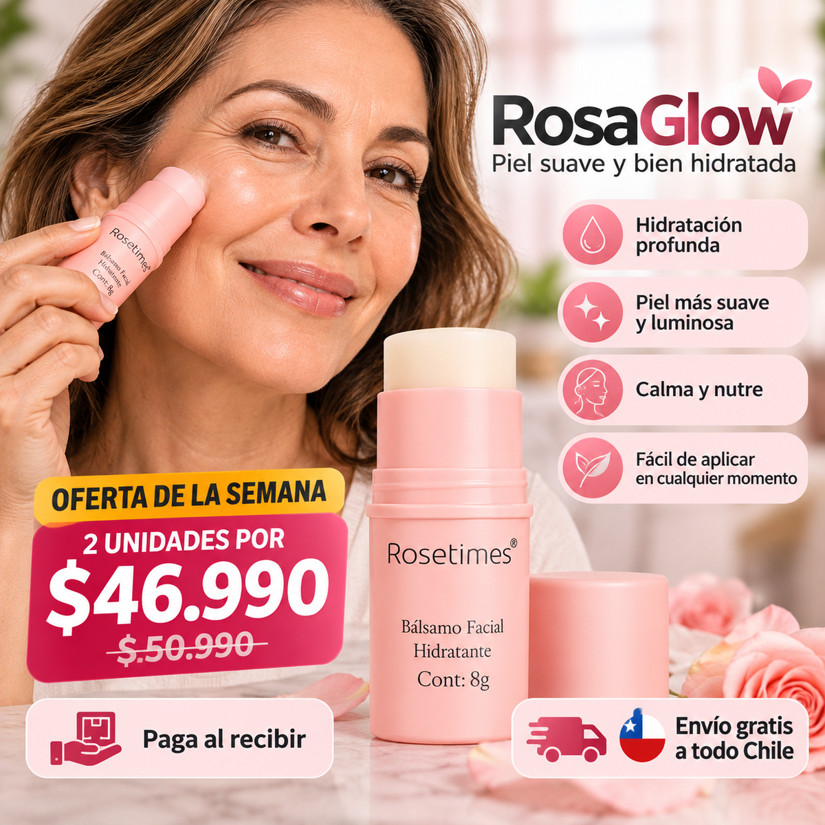 RosaGlow - Piel suave y bien hidratada