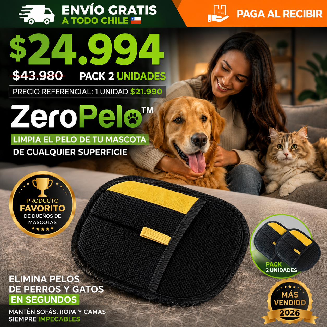 ZeroPelo - Limpia el pelo de tu mascota de cualquier superficie.